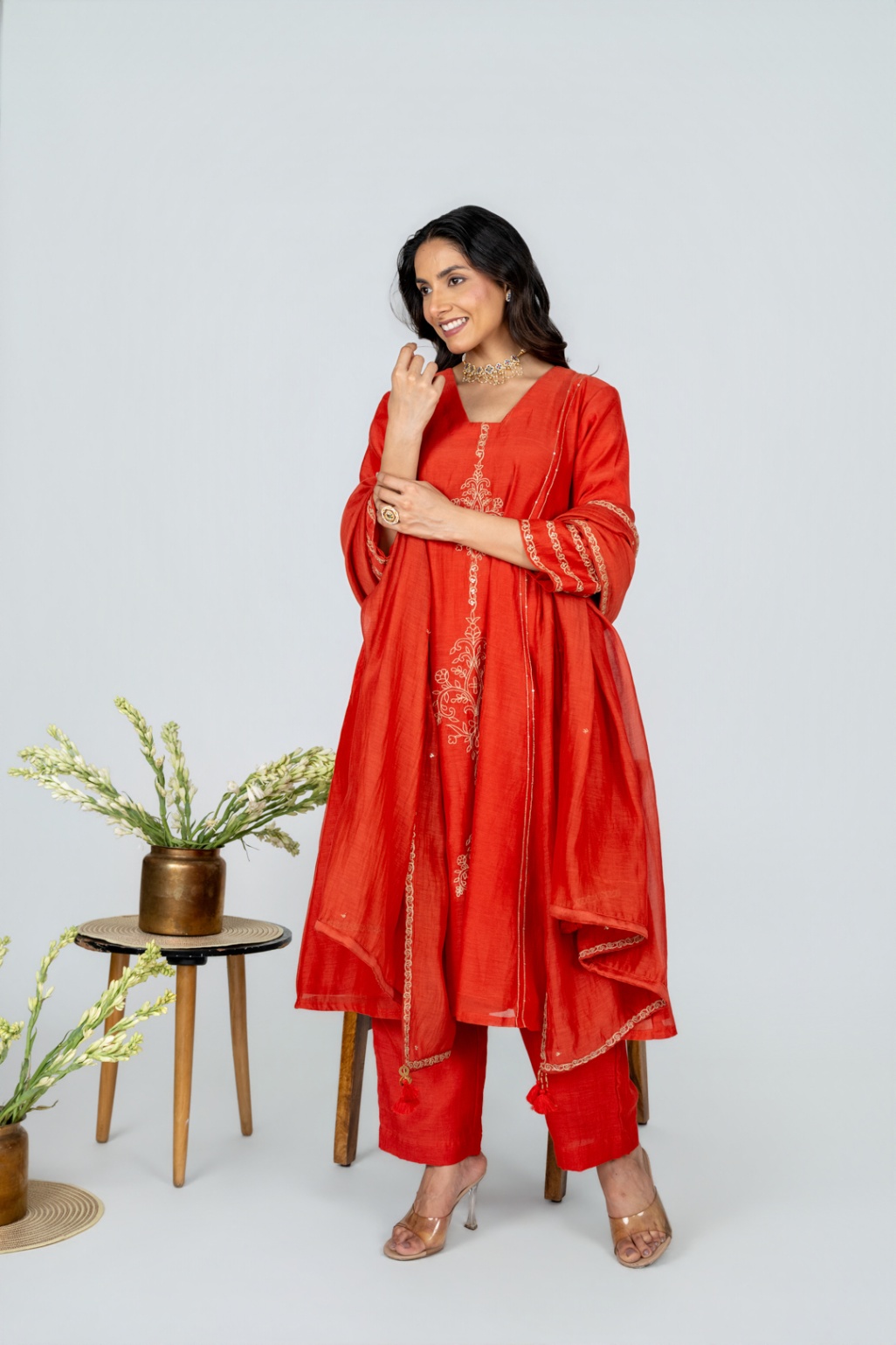 Surmayi saffron Chanderi Kurta Set With Dupatta